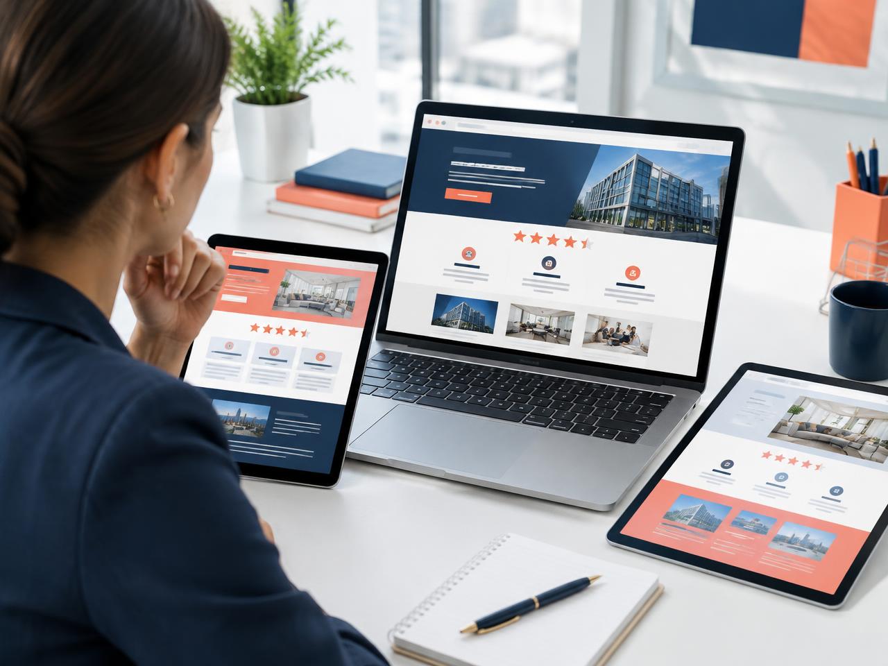 Business owner comparing review layouts on laptop and tablets