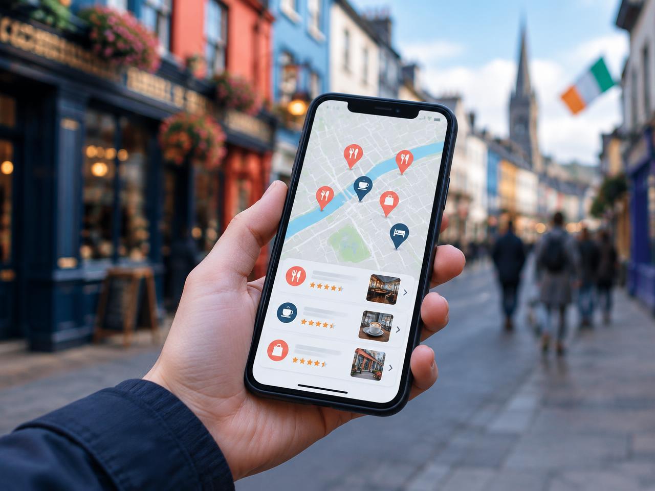 Phone showing a map of local businesses with star ratings on an Irish street