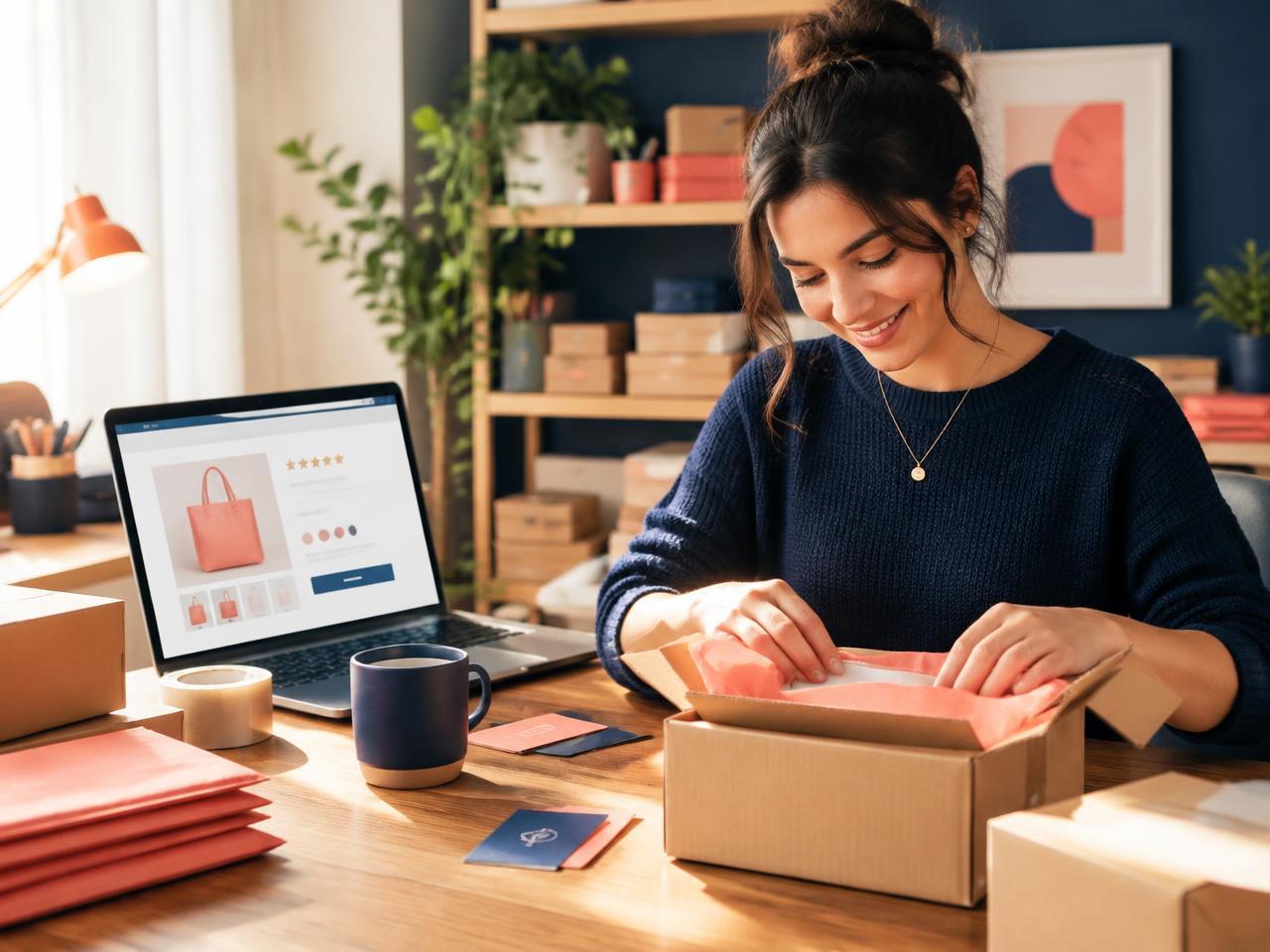 Online shop owner packing orders beside a product page with star ratings