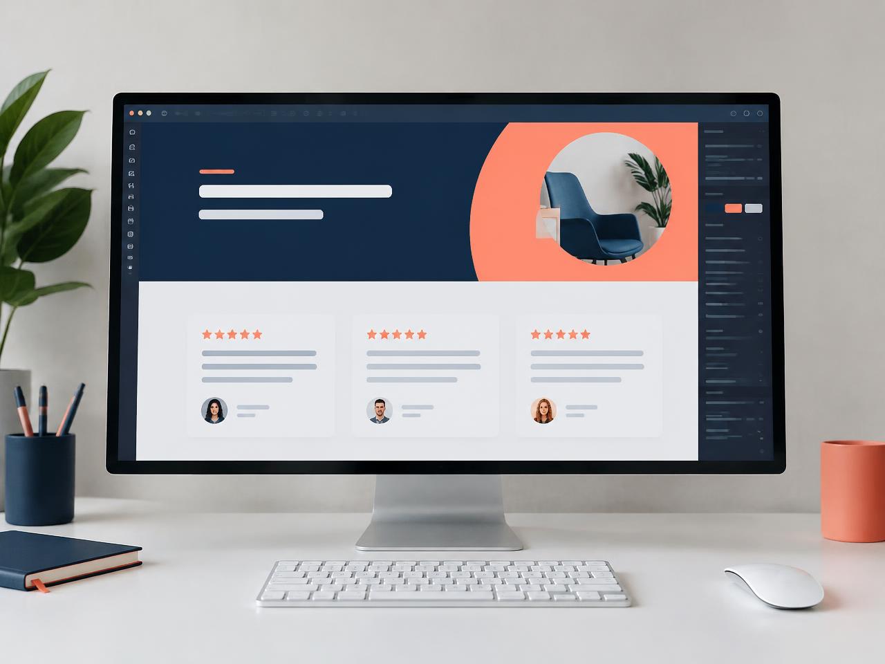 Desktop monitor showing a website design with testimonial cards
