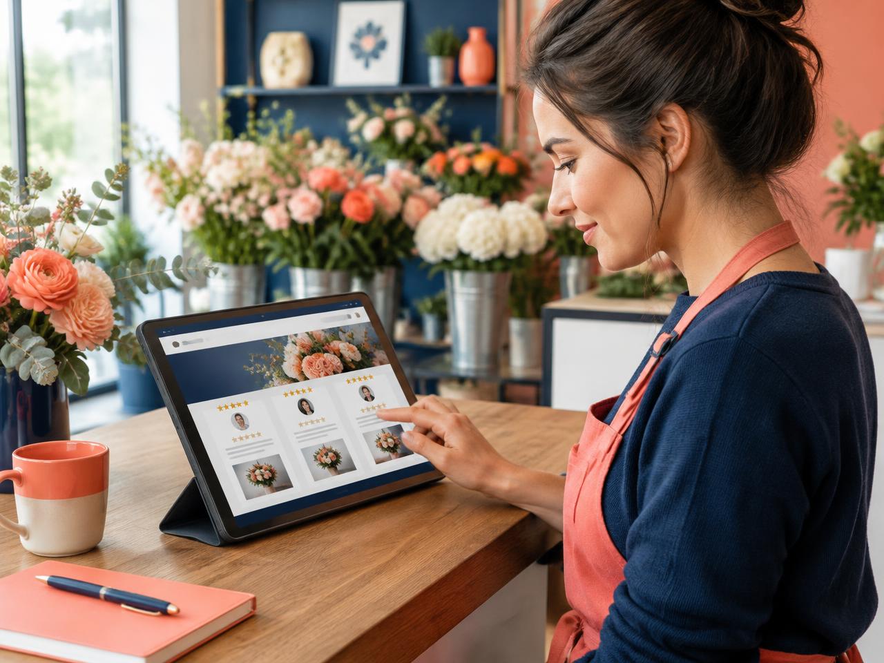 Florist editing her shop website with review cards on a tablet