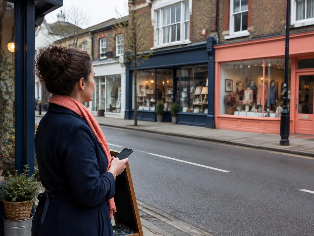 Shop owner looking across the high street at rival shops