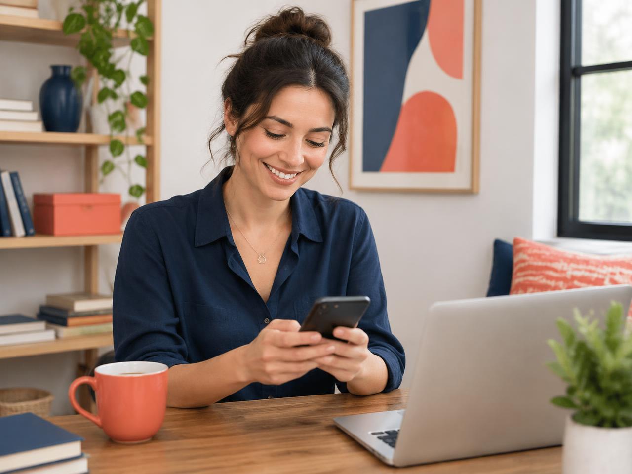 Business owner typing a review request on her phone