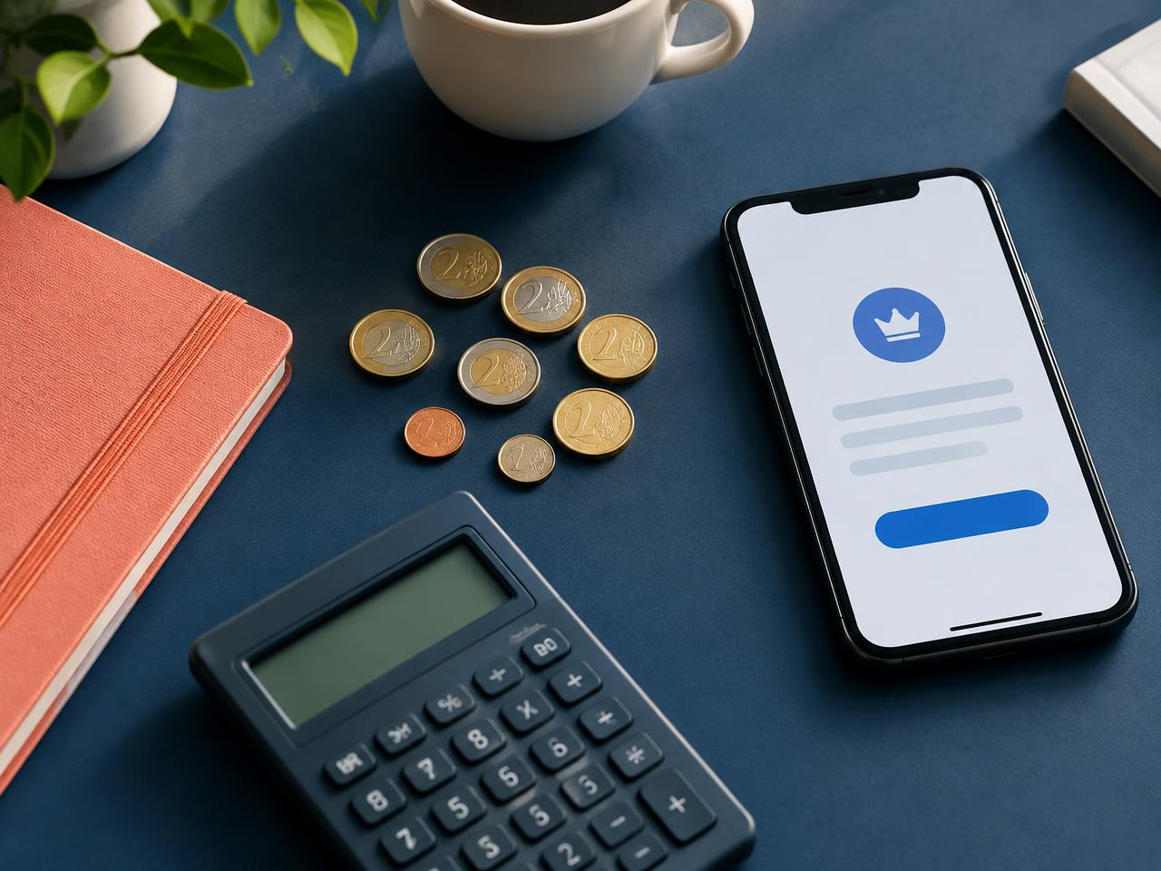 Euro coins, a calculator and a subscription screen on a desk