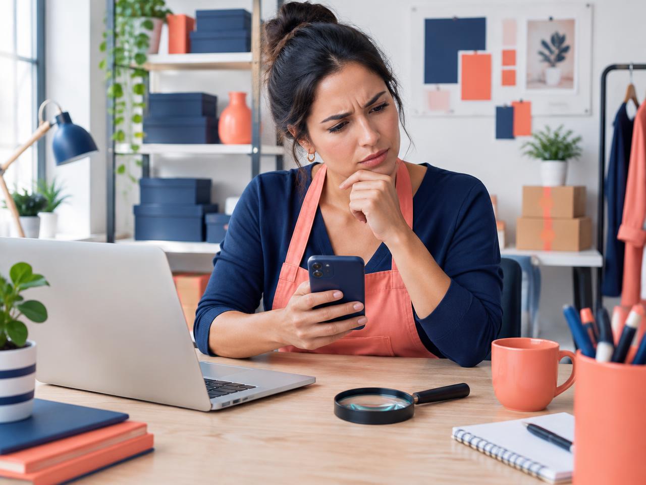 Puzzled business owner checking her phone with a magnifying glass nearby