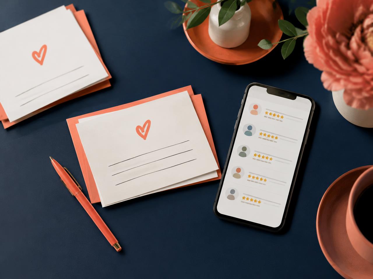 Handwritten thank-you cards beside a phone showing star reviews