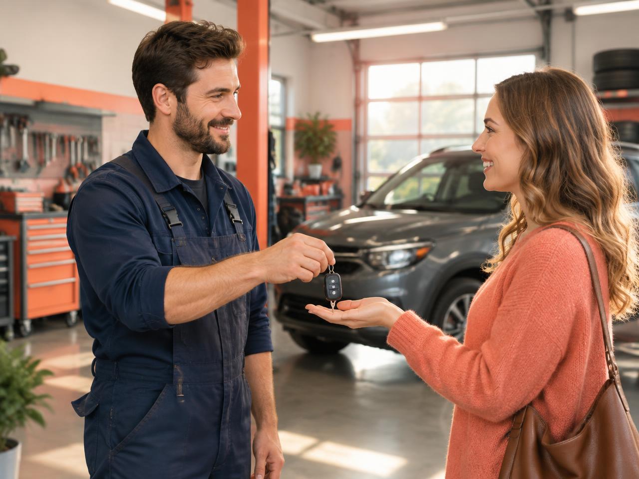Mechanic handing car keys back to a customer