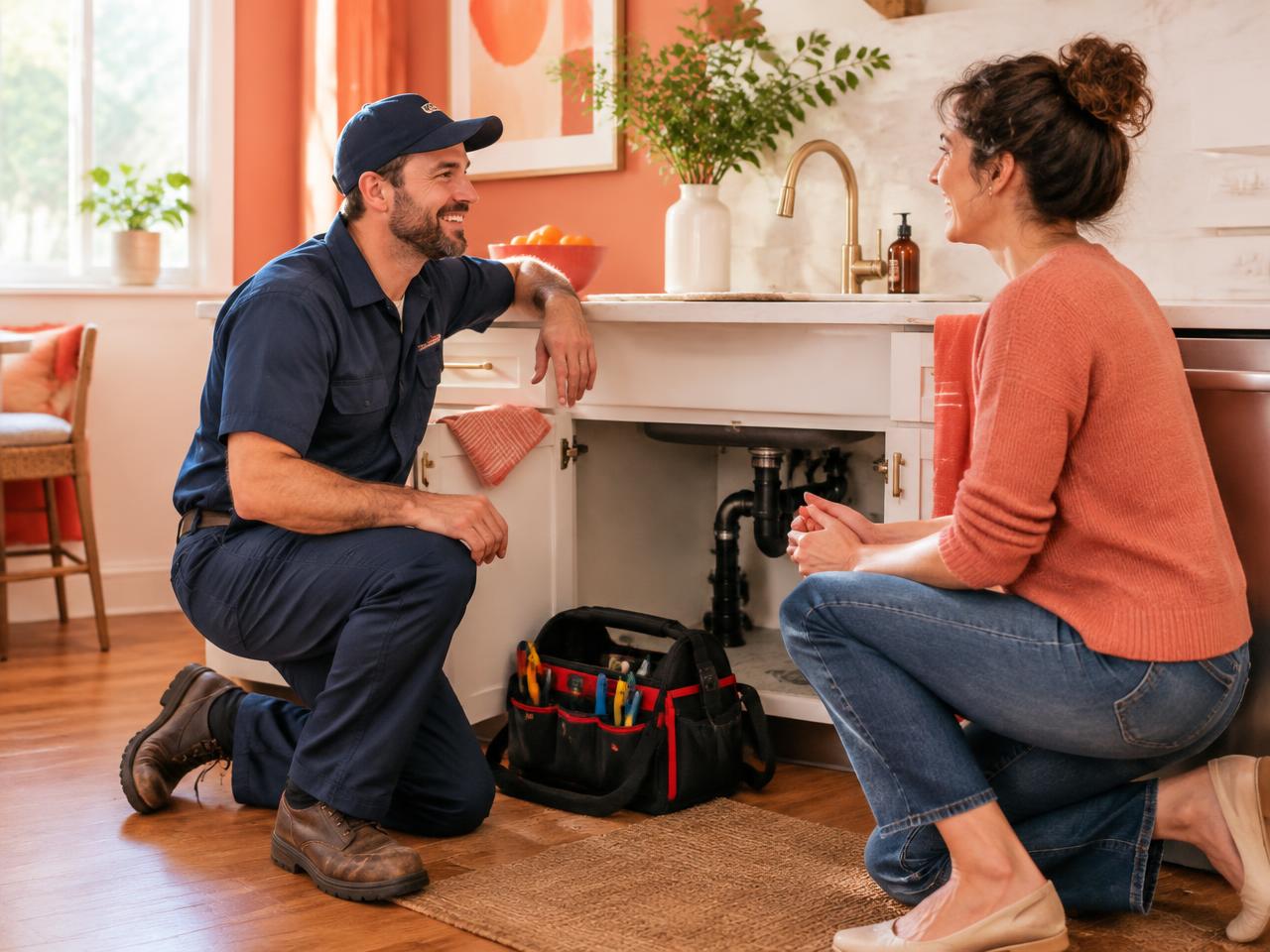 Plumber chatting with a homeowner after fixing the kitchen sink