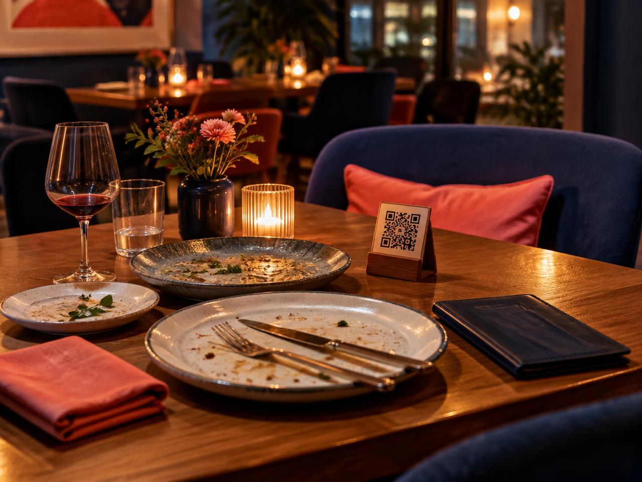 Restaurant table after a meal with a small QR stand
