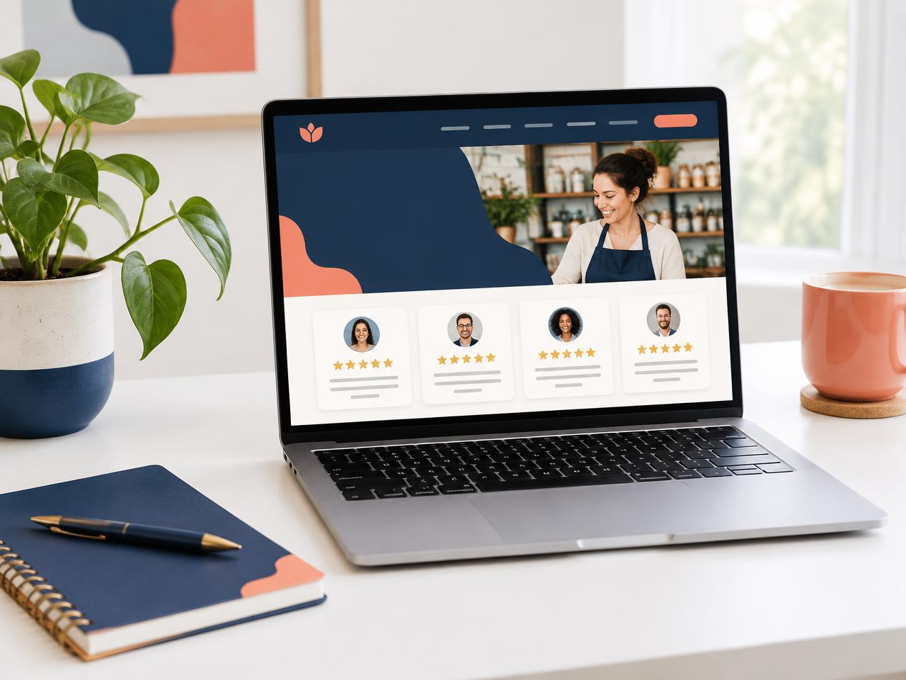 Laptop showing a small business website with star review cards