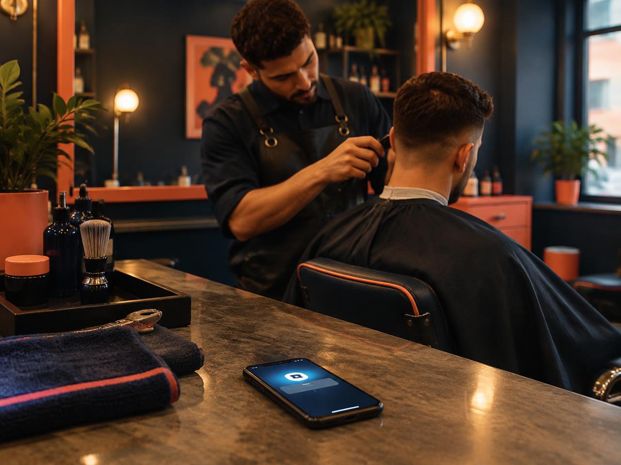 Barber cutting hair while a phone receives an automatic notification