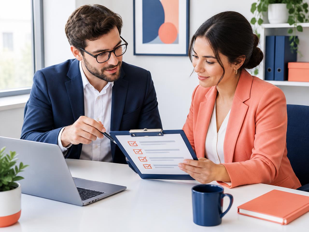 Two business partners going through a software checklist