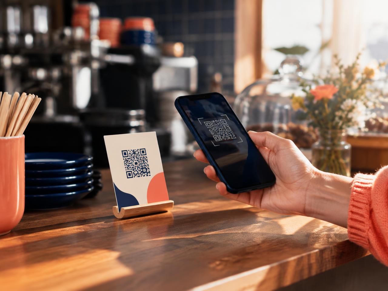 Customer scanning a Google review QR card on a café counter