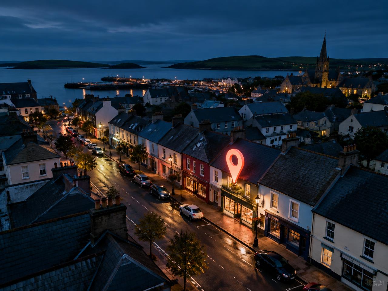 Map pin glowing above a shop in a small Irish town at dusk