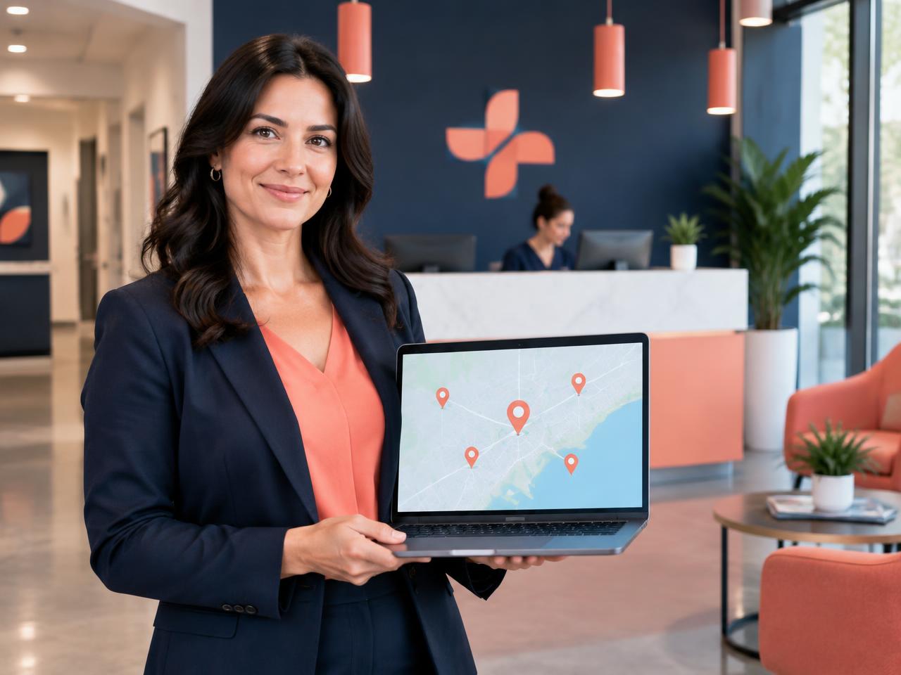 Regional manager holding a laptop with a map of several locations