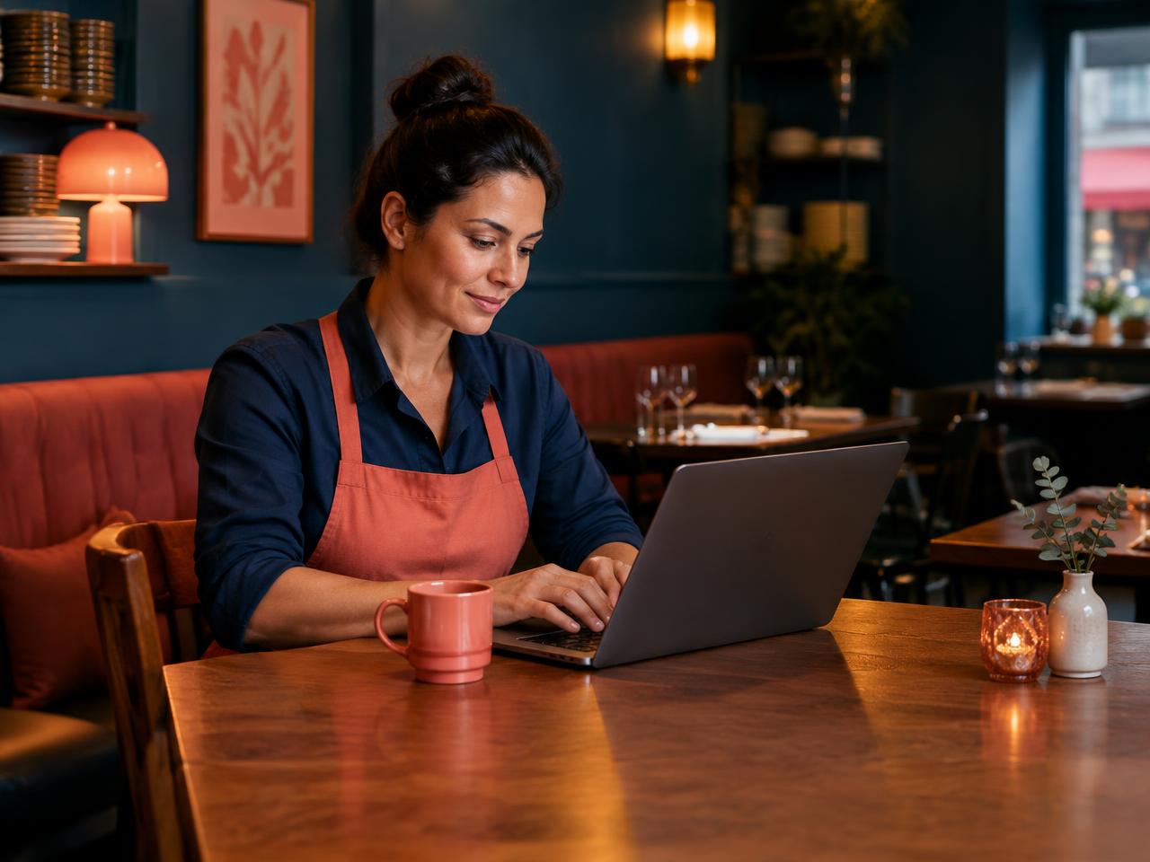 Restaurant owner calmly writing a reply on her laptop