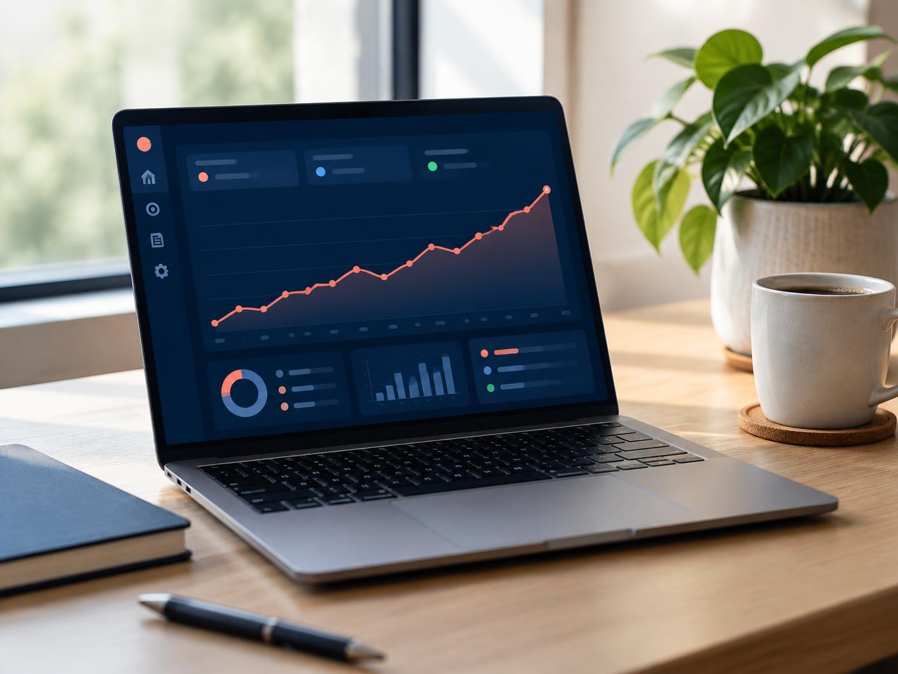 Laptop dashboard showing a rising review growth chart