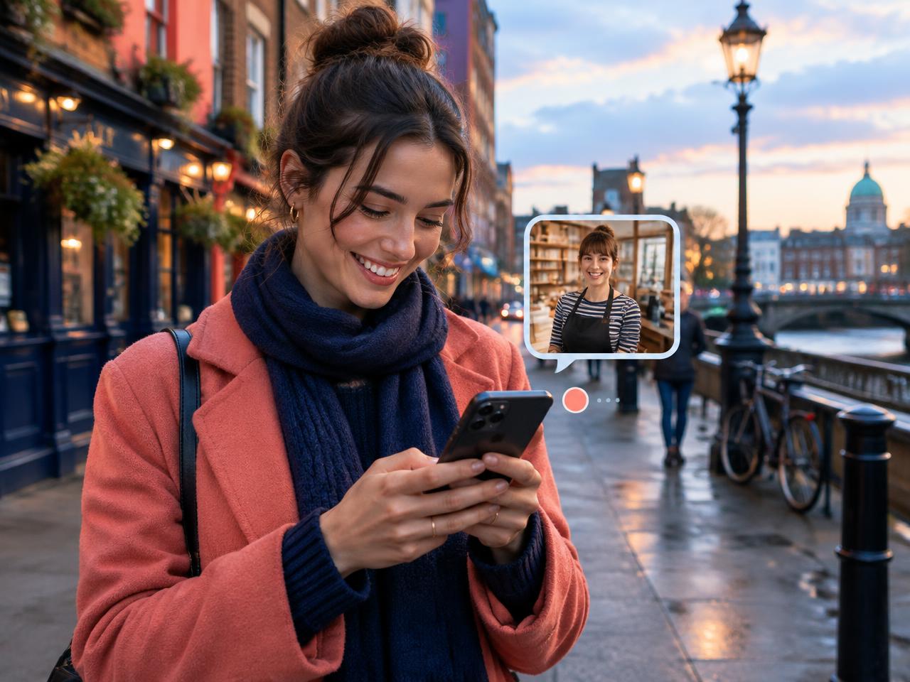 Woman in Dublin smiling at a photo message from a shop assistant