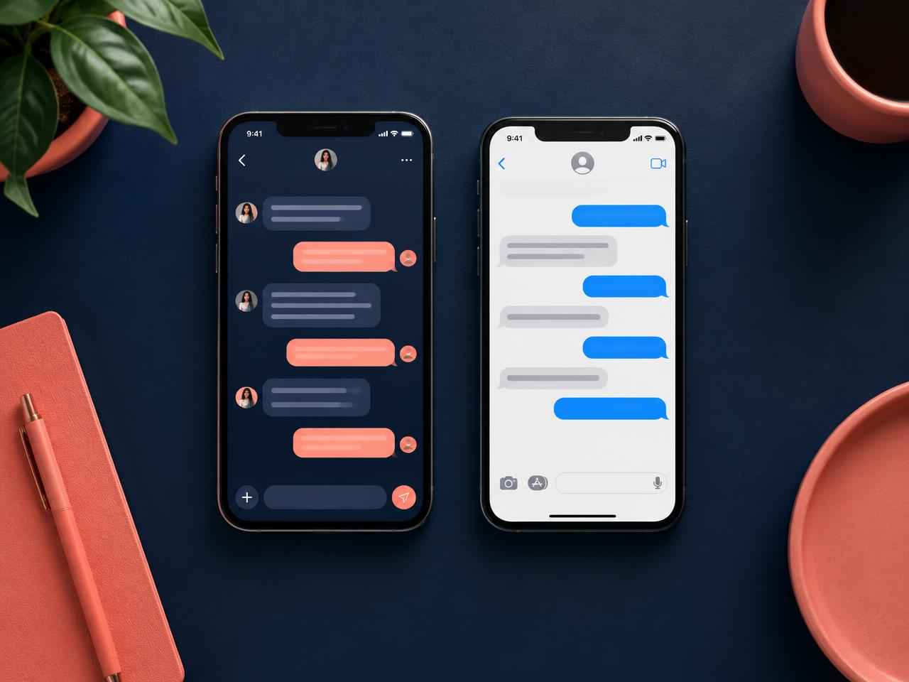 WhatsApp-style chat and SMS thread side by side on two phones
